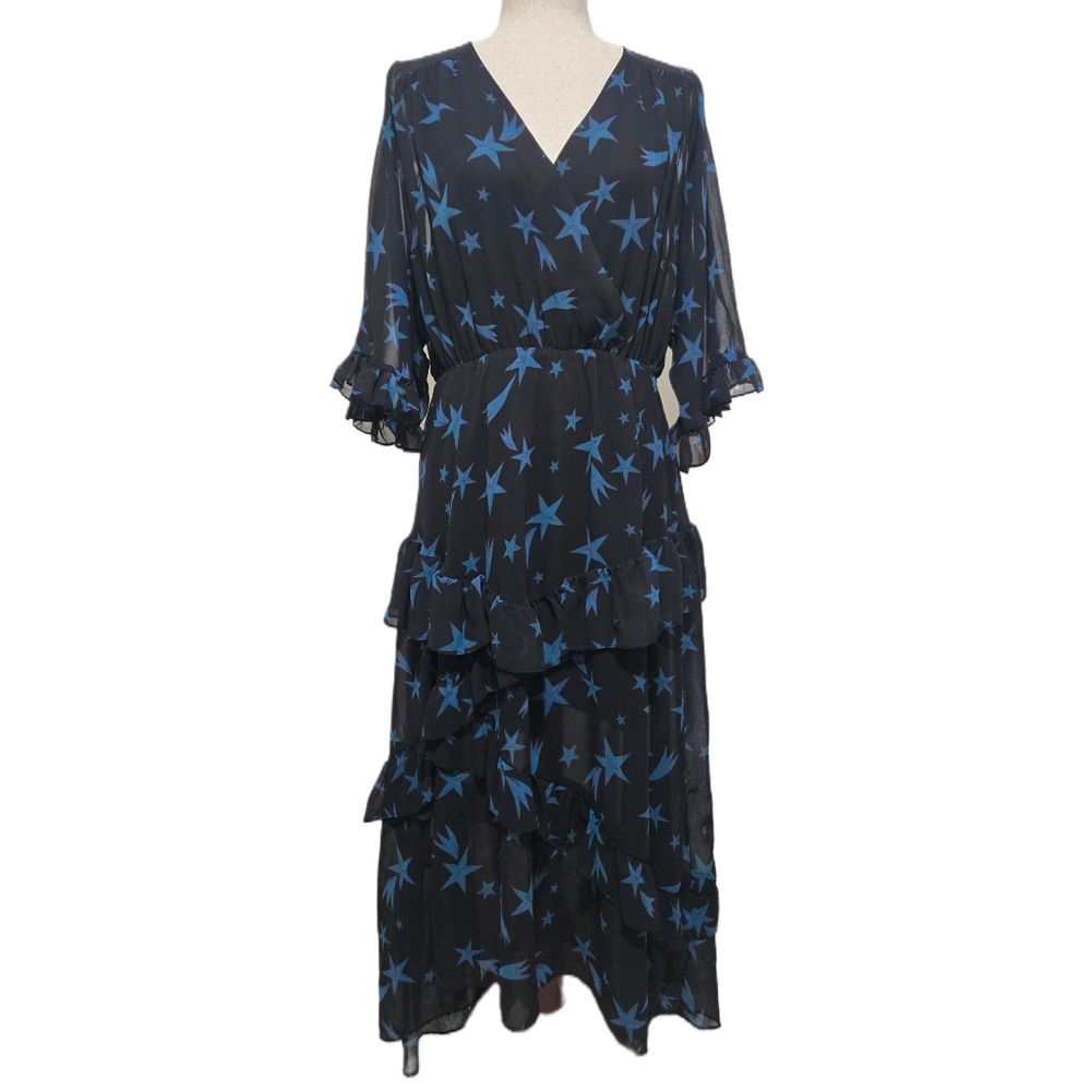 Topshop Black Midi Dress Blue Celestial Star Print Ruffle Tiered Skirt Sz 8